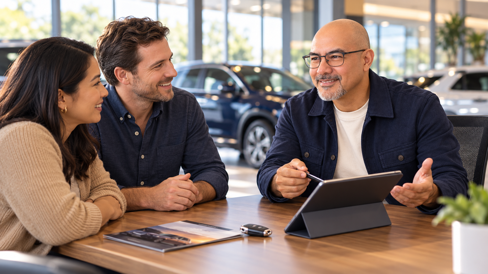 Illustrative scene of Jose discussing vehicle options with a couple in a showroom